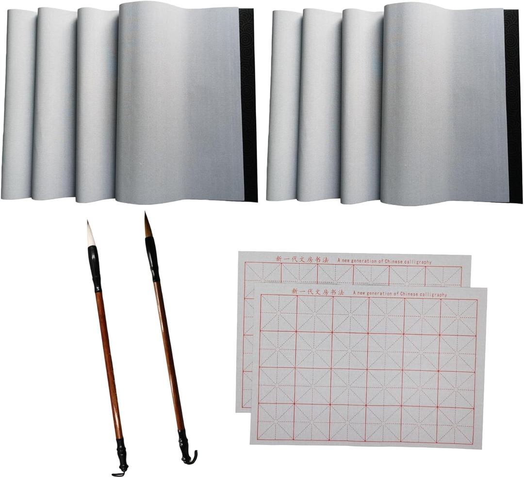 10 Pcs Reusable Water Writing Cloth with 2 Brush(2 Types), Chinese Calligraphy Practice Paper Set 12 Items, No ink need Magic Water Cloth for Beginners
