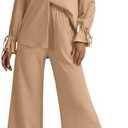 LYANER Women's 2 Piece Outfits Button Down Long Sleeve Shirt and Wide Leg Pants Set XL