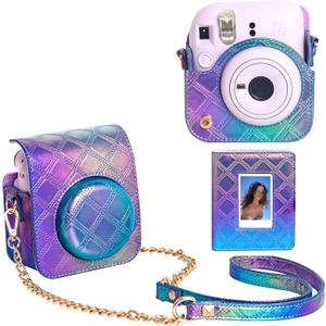 WOGOZAN Mini 12 Protective Case for Fujifilm Instax Mini 12 Instant Case, Mini 12/11 PU Leather Camera Case with 64 Pocket Mini Photo Album, Metal Chain Shoulder Strap (No Camera) - Pearl Blue Purple