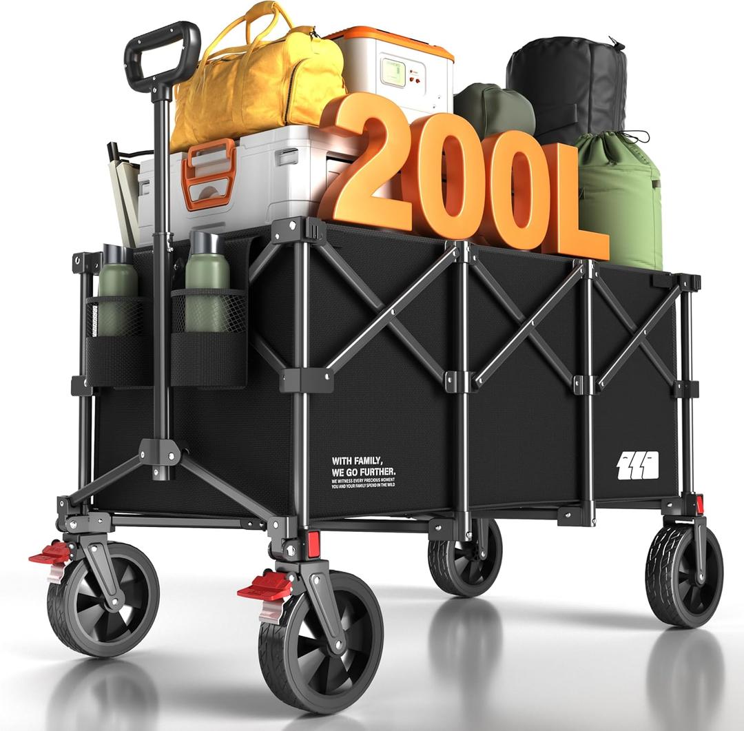 200L Collapsible Foldable Wagon, Large Heavy Duty Wagon Cart with 440lbs Weight Capacity, Folding Utility Wagon with Brake for Camping, Garden, Sports, Picnic, Shopping (Black)