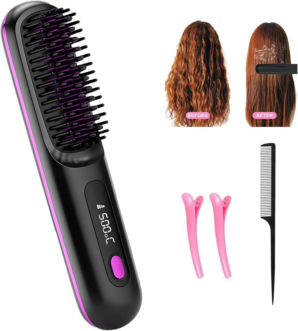 Go Brush Pro - Cordless Hair Straightener, USB Charging, Fast Heating, with LCD Display, Brush Portable Comb for Travel for All Hair Types