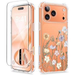 GVIEWIN for iPhone 17 Pro Max Case with Screen Protector, Upgraded [Full Camera Protection] [Non Yellowing] Floral Slim Shockproof Clear Women Phone Cover for iPhone 17 Pro Max 6.9" (Vibrant Spring)