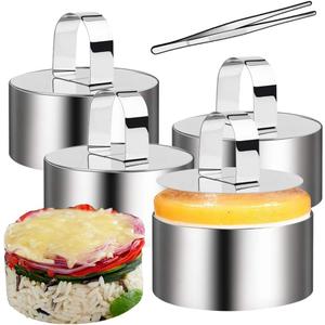 Gutsdoor 4 Pack Food Presentation Rings Stainless Steel Cake Ring Mold Small Baking Round Cooking Rings for Pastry, Cake, Mousse, Pancake - 4 Pushers+1 tweezer, 3.15 Inches Diameter