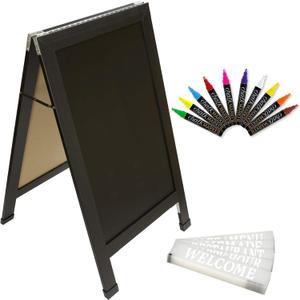 Excello Global Products Large Double-Sided 40x23 Heavy-Duty A-Frame Sidewalk Chalkboard Standing Sign, Includes 10 Chalk Markers, 40 Piece Stencil Set, Chalk and Eraser (Black)