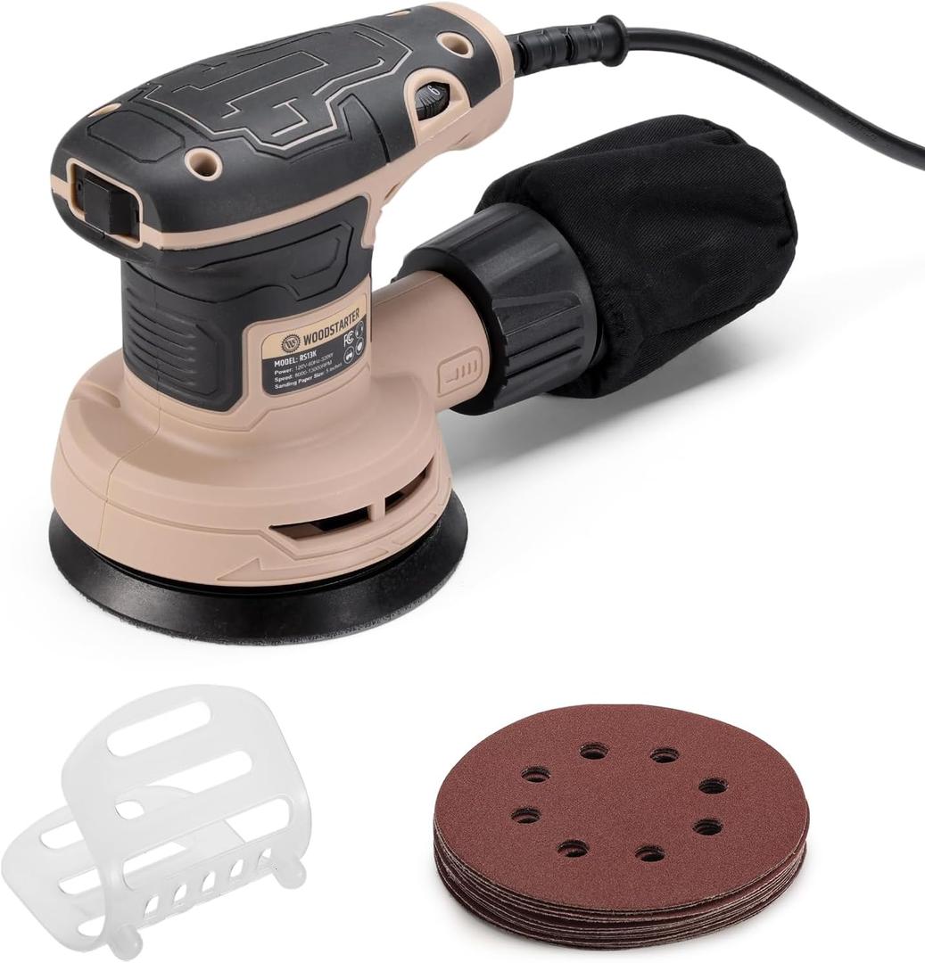 5-Inch Random Orbital Sander, 2.6Amp 320W Variable Speed (800013000RPM) Electric Sanders for Wood & Metal, Low Vibration, Aluminum Fan Blades, 15 Sandpapers, Dust Bag Included