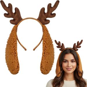 2 x Christmas Deer Antler Headband with Dog Ears Reindeer Antlers Headband Deer Hoop Headwear for Adult Cute Costume (Brown)