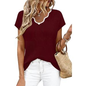 WIHOLL Womens Summer Tops Cap Sleeve Sweater V Neck Shirts Beach Vacation Clothes Business Casual Fashion Clothing (S)
