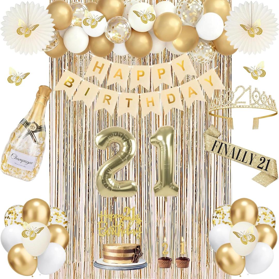 21st Birthday Decorations for Her, Champagne Gold Happy 21st Birthday Decorations for Girls, 21 Sash and Crown, Banner, Fringe Curtains, Hanging Paper Fans, 21 Year Old Party Supplies Set