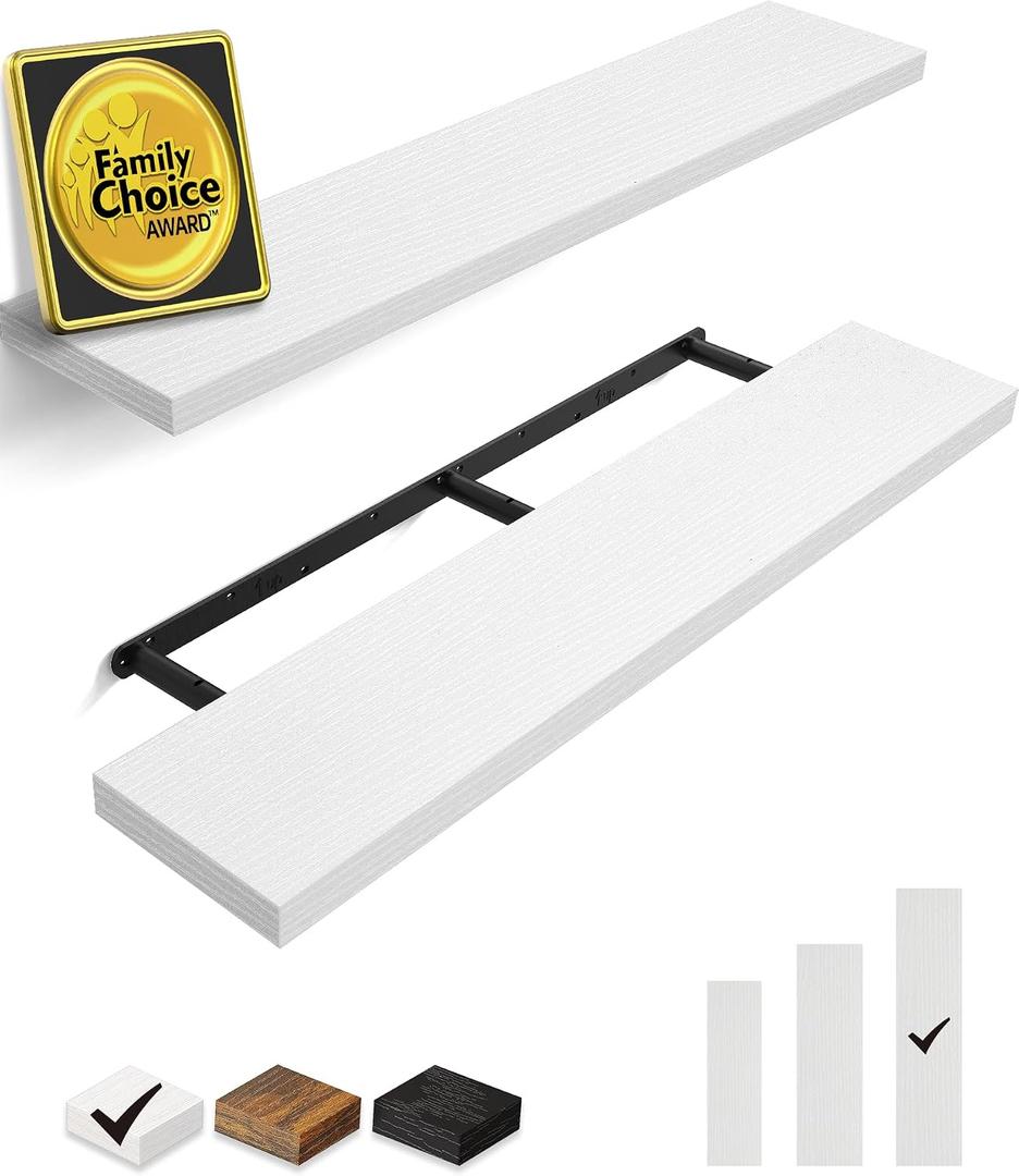 BAYKA Floating Shelves, 48 inches Long Heavy Duty Wall Mounted Rustic Wood Shelves for Bathroom, Bedroom, Living Room, Kitchen, Office, Hanging Shelf for Books/Storage/Decor (White,Set of 2)
