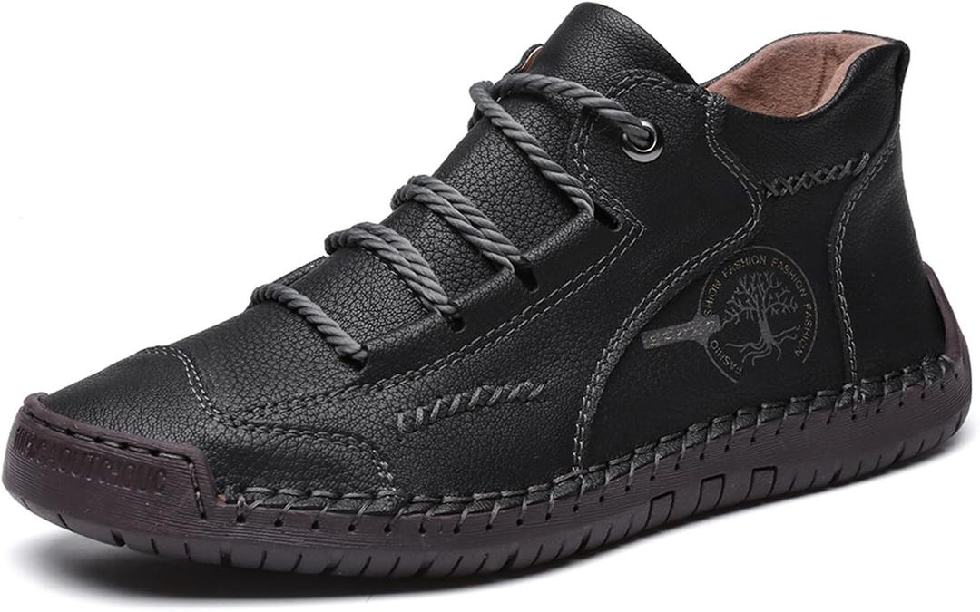 Mens Hand Stitching Leather Lace Up Ankle Boots Casual Vintage Non Slip Flats Arch Support Loafers for Hiking Walking Driving Chukka Boots (10, Black)