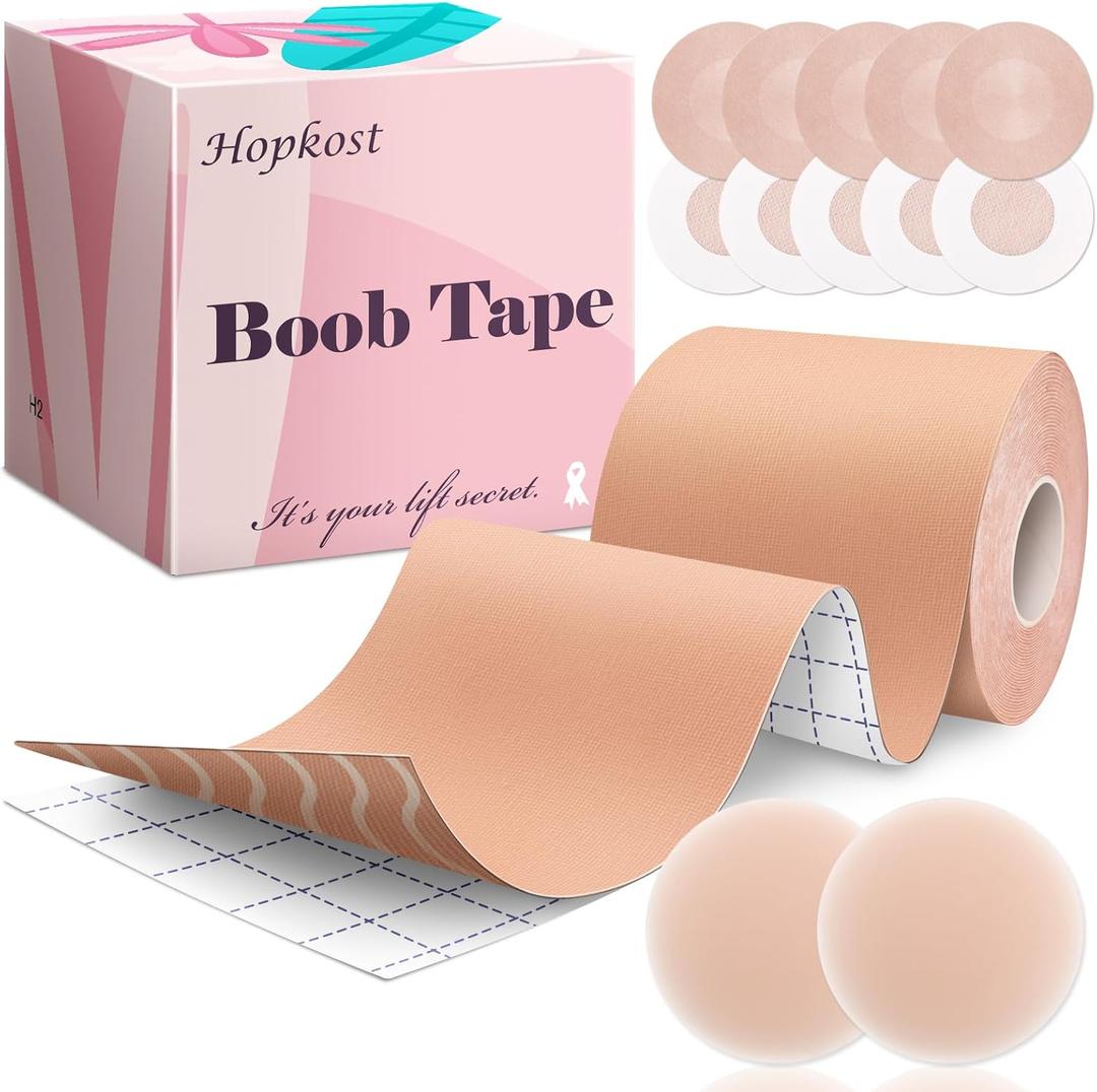 Hopkost Boob Tape Breast Lift Tape for Large Breasts with 2 Pcs Nipple Covers Invisible Boobtape for A-G Cup(Beige, 3 in)
