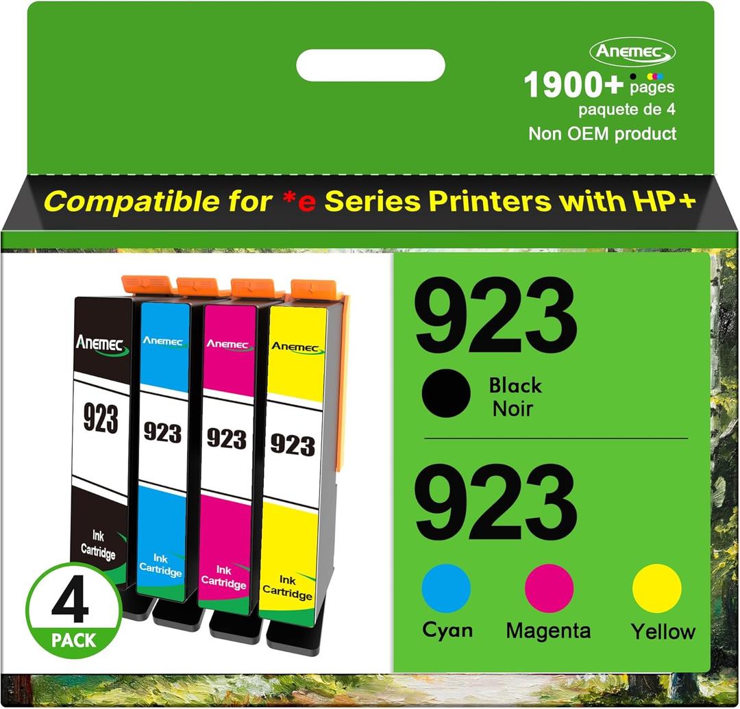 Compatible Ink Cartridges Replacement for HP 923 Ink Cartridges, (Without Chip) 4-Pack Black Cyan Magenta Yellow, Work for OfficeJet Pro 8120e 8125e 8130e 8135e 8138e 8139e Printers