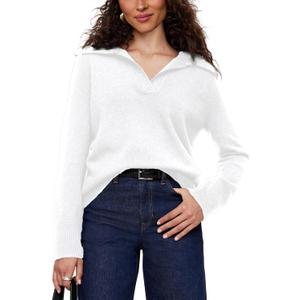 Women's Sweater, Commuting Long Sleeve Polo V Neck Knit Pullover Sweater Loose for Valentine's Day (Medium, White)