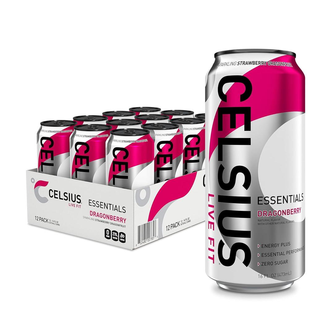 CELSIUS ESSENTIALS Sparkling Dragonberry, Sugar Free Performance Energy Drink, 16 Fl Oz (Pack of 12),  BB 04/2028