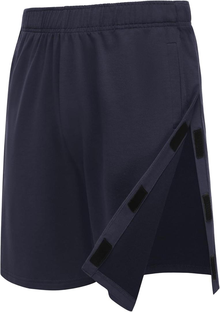 Deyeek Unisex Tear Away Shorts 9" Snap On Athletic Shorts Cotton Post Knee Hip Surgery Recovery Lounge Short with Pockets (Black, L)