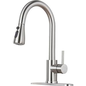 Kitchen Faucet with Pull Down Sprayer - Brushed Nickel Single Handle Kitchen Faucets, High Arc Stainless Steel Pull Out Kitchen Sink Faucet with Deck for RV Laundry Farmhouse Bar