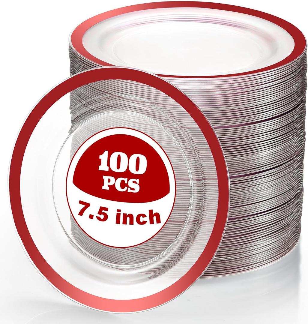Tanlade 100 Pcs Clear Red Plastic Plates Bulk 7.5 Inch Disposable Heavy Duty Dinner Plates with Rim Round Salad Dessert Appetizer Dinnerware for Wedding Birthday Party Supplies