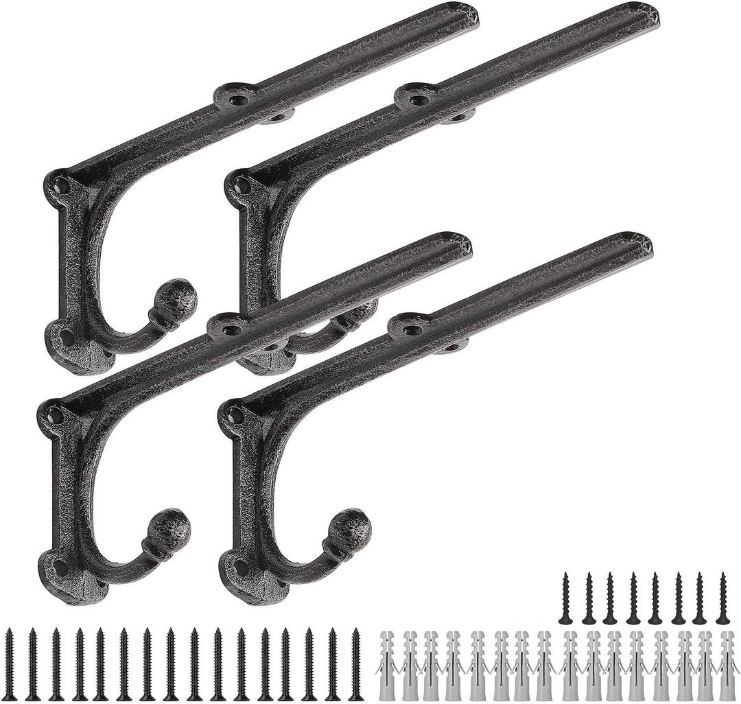 Rustic Floating Shelf Bracket 8 Inch, Cast Iron Shelf Brackets for Wall Shelving, Heavy Duty Shelf Bracket Supports, Decorative Shelves Brackets with Hooks, 4 Pack