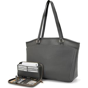 YZAOLL 15.6 Inch Laptop Tote Bag for Women, Water-resistant Vegan Leather with Anti-Scratch Padded Sleeve, Lightweight Multi-Pocket Work Bag for Business Travel, College, Office Essentials, DarkGrey