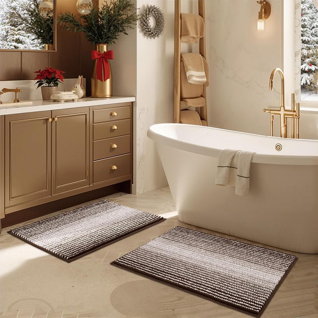 BSICPRO Bathroom Rugs and Mats Sets, 2 Piece Thick Absorbent Chenille Bath Mat Rug Set Non Slip, Soft Shaggy Bath Room Floor Mats for Bathroom, Machine Washable (Brown, 20" x 32" Plus 16" x 24")