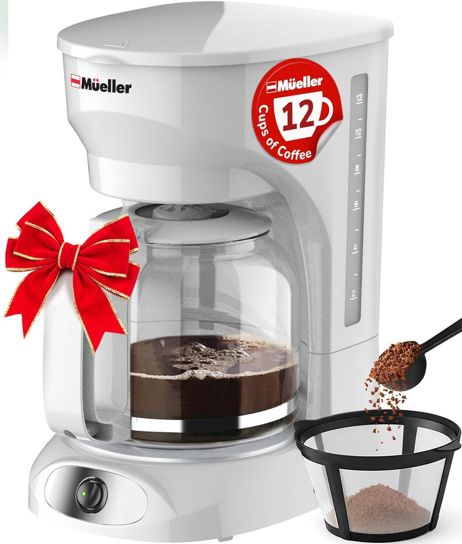 MUELLER HOME 12-Cup White Coffee Maker - Borosilicate Carafe, Auto-Off, Reusable Filter, Anti-Drip, Keep-Warm Function, Clear Water Level Window, White Kitchen Accessories
