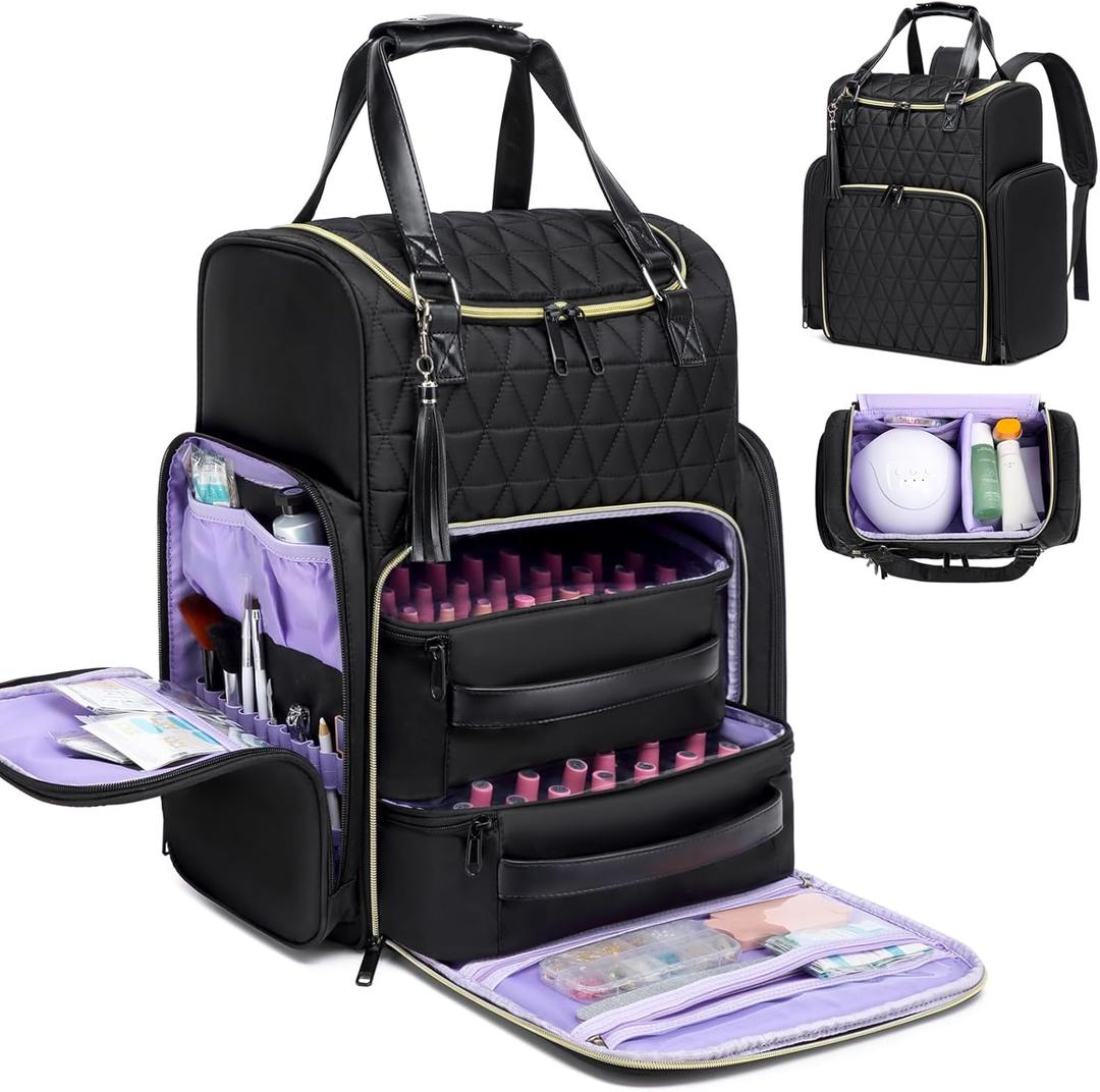 Nail Bag Organizer Case Backpack, Nail Bag Holds 80 Bottles (15ml-0.5 fl.oz) and Nail Lamp, Nail Polish Case with 2 nail polish Bag, Portable Travel Backpack for Nail Tech Supplies Manicure Tools