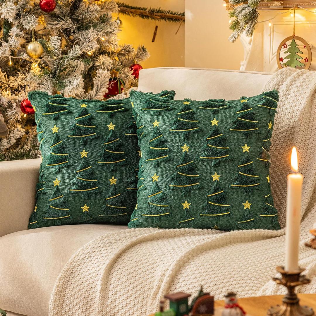 AQOTHES Christmas Tree Decorative Green Throw Pillow Covers 18x18 Set of 2, Faux Fur Farmhouse Throw Pillows Cushion Cases for Xmas Winter Holiday Home Decor