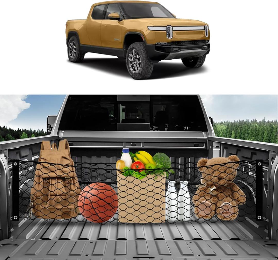 Karltys for Rivian R1T R1S Envelope Style Truck Bed Cargo Net 2022-2024 2025, Highly Elastic Pickup Truck Bed Cargo Net for Rivian Accessories Double Layer Nylon Mesh Storage Netting Organizer