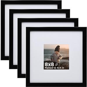 KINLINK 8x8 Picture Frame Black Set of 4, Wooden Square Photo Frames Matted 4x4 with Plexiglass for 4x4 with Mat or 8x8 without Mat for Table and Wall Display