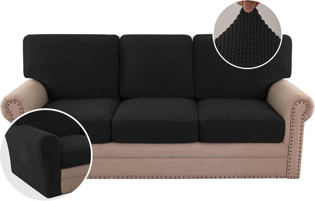 H.VERSAILTEX Multi-Pieces Sofa Covers Stretch Couch Covers Form Fitted Seats and Back Cushions Covers (3 Seat Covers Plus 3 Back Cusion Covers, Bonus 2 Armrest Covers), Black