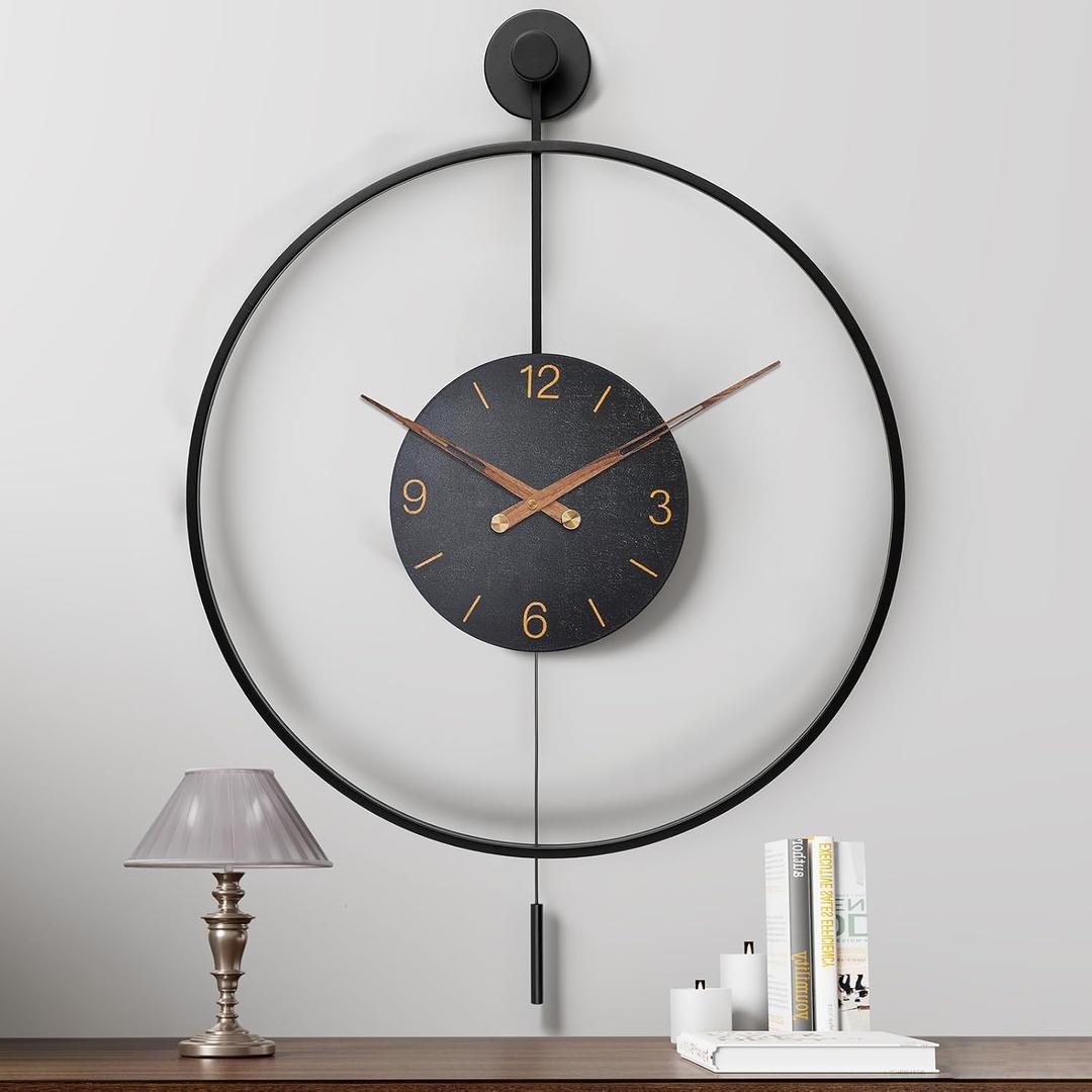 Pytha Sight 30.7×20 Inch Large Modern Arabic Numeral Pendulum Wall Clock | Large Black Metal Minimalist Decorative Oversized Wall Clock with Walnut Pointers for Living Room, Fireplace, Dining Room Decor 