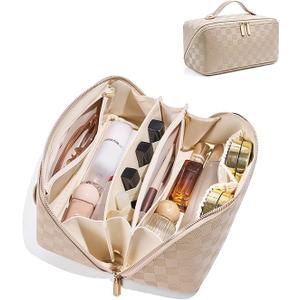 ALEXTINA Large Travel Makeup Bag Makeup Organizer with Collapsible Handle, Waterproof Cosmetic Bag for Women, Open Flat Toiletry Bag for Travel Essentials & Travel Size Toiletries,Khaki