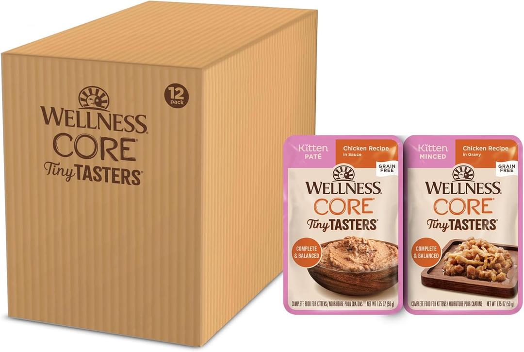 Wellness CORE Tiny Tasters Minced & Pate Kitten Wet Cat Food, Natural, Protein-Rich, Grain Free, 1.75-Ounce Pouch, 12 Pack, (Chicken Variety Pack)