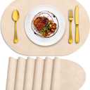 ADRIMER Placemats, Heat Resistant Oval Placemats Set of 6 Washable 12 x 17 Inch, Waterproof Table Mats, Wipeable Pu Place Mats for Kitchen, Dining Room, Beige