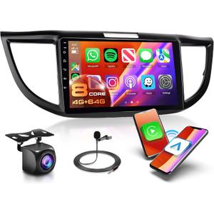 8 CORE 4G+64G Car Radio Stereo for Honda CRV 2012-2016 with Wireless CarPlay/Android Auto, 9 Inch 1280 * 720P IPS Touch Screen Android 13 GPS WiFi Bluetooth 32-Band DSP HD Backup Camera