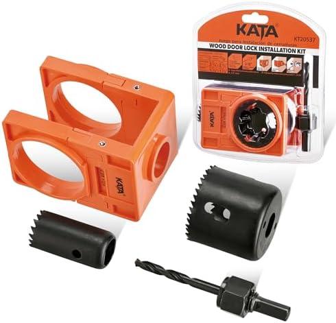 KATA 1-3/8" - 1-3/4" Door Lock Installation Kit with Large Chip-Clearance Slots, Door Lock Hole Saw for Deadbolts and Locksets for Wooden Doors with Guide Template, Carbon Steel, Orange