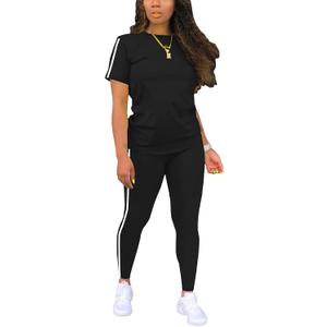 Women's 2 Piece Outfits Sweatsuit Summer Workout Striped Short Sleeve Long Sweatpants Casual Jogging Lounge Set XX-Large