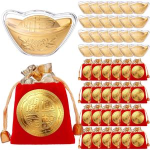 24 Pcs Lucky Gold Ingot Coins with Red Color Velvet Pouches, Chinese Feng Shui Wealth Charm, Feng Shui Lucky Yuan Bao Metal Foil Fortune Symbols for Lunar New Year Decor