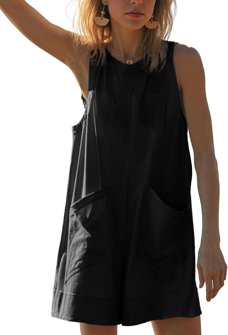 Glamaker Women's Summer Sleeveless Romper Casaul Beach Vacation Loose Shorts Jumpsuit Overalls Outfits 2025 With Pocket (Large, Black)