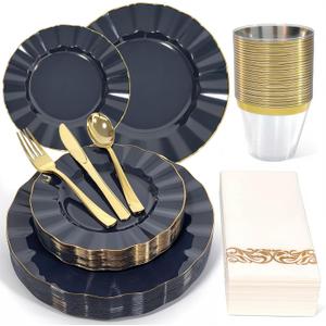 175 Plastic Dinnerware Set, Disposable Dinnerware Set for 25 Guests Include 50 Plastic Plates,25 Silverware Set,25 Cups and 25 Napkins for Christmas,Party,Wedding(Navy Blue and Gold)