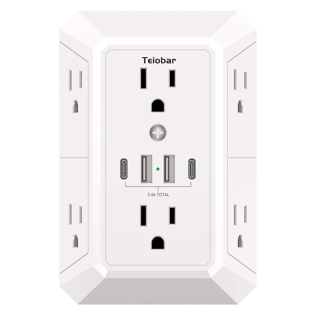Multi Plug Wall Outlet Surge Protector - Teiobar Outlet Extender with 6 Outlets and 4 USB Ports(2 USB-C), Outlet Splitter for Home Office Dorm Room Essentials, ETL, White