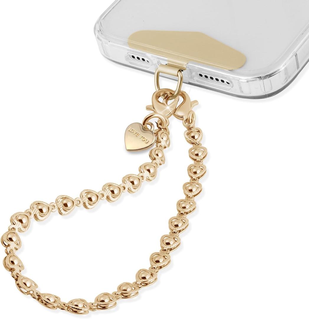 Phone Charm Strap Heart Phone Chain Wristlet With Metal Tether Tab Detachable iPhone Chain Wrist Strap iPhone Lanyard For Women,Fits All Phones,Shopping Traveling Party Walking (Pale Gold)