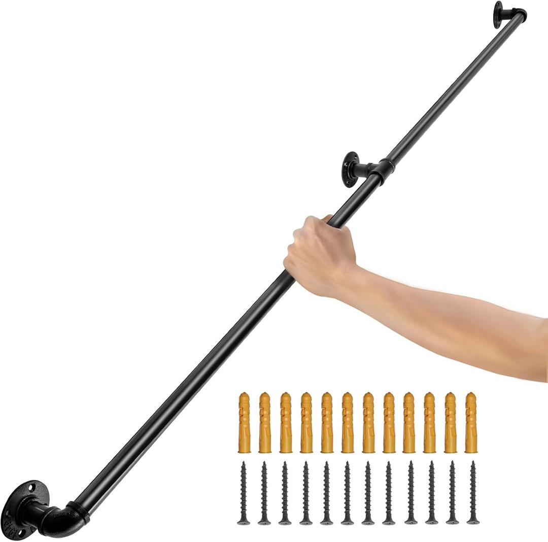 VEVOR Pipe Stair Handrail, 6FT Staircase Handrail, 440LBS Load Capacity Carbon Steel Pipe Handrail, Industrial Pipe Handrail with Wall Mount Support, Round Corner Wall Handrailings for Indoor, Outdoor