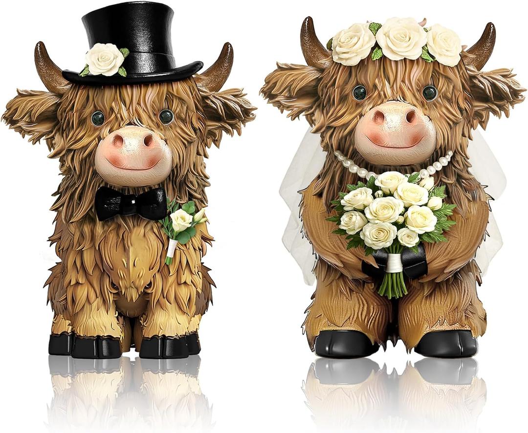 2 Pack Highland Cow Decor Resin Wedding Highland Cow Figurine Gnomes with Rose Hat Wreath Resin Statue for Wedding Garden Table Shelf Home Decor Calf Gnome Herd Gifts