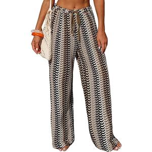 ZAFUL Womens Beach Cover Up Pants Sexy Crochet Drawstring Elastic Boho Swimsuit Cover Up Long Pants Beach Wear Brown L