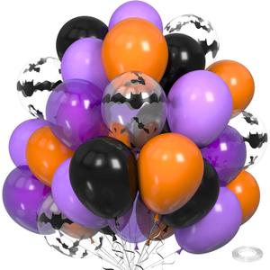 Halloween Balloons Set - 30Pcs 12 Inch Black Purple Orange Bat Balloons with Silver Ribbon for Halloween Party Decorations, Birthday Spooky Theme Supplies