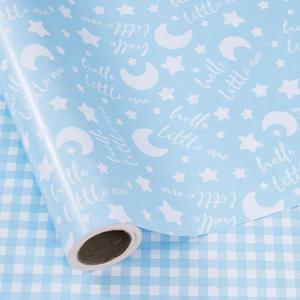 RUSPEPA Reversible Wrapping Paper Roll, Jumbo Roll, Baby Boy Blue and Plaid Pattern for Baby Boy or Neutral Gift Wrapping, Kids' Birthday Party and Baby Shower Wrap Paper, 30 Inches X 32.8 Feet
