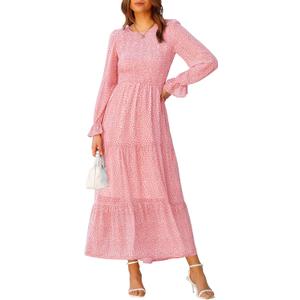 BTFBM Women Casual Long Sleeve Crew Neck Fall Dress Bohemian Relaxed Fit Floral Flowy Maxi Dresses Tiered Cocktail Dress,XL