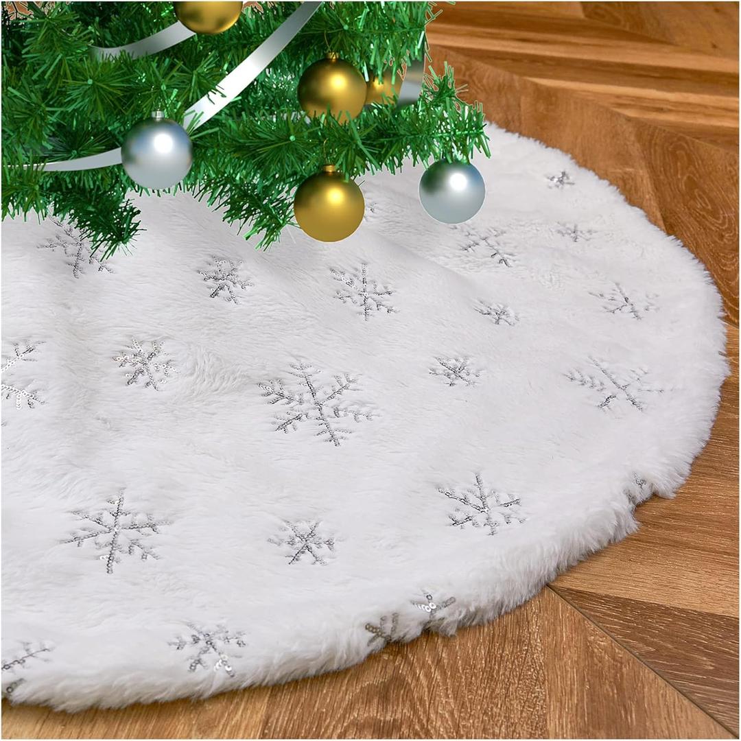 Faux Fur Christmas Tree Skirt 24 Inches Mini White Plush Tree Skirts with Silver Sequin Snowflakes Porch Xmas Tree Ornaments Decorations