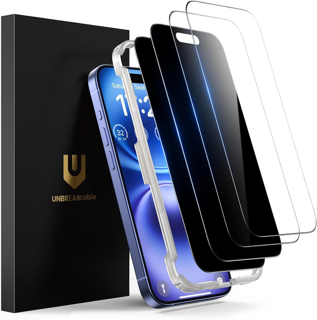 UNBREAKcable 4PCS Screen Protector for iPhone 16-2 Privacy Tempered Glass+2 Clear Glass Double Shatterproof [Easy Installation Frame] [9H Hardness] [Case Friendly] Anti-Scratch for iPhone 6.1 inch